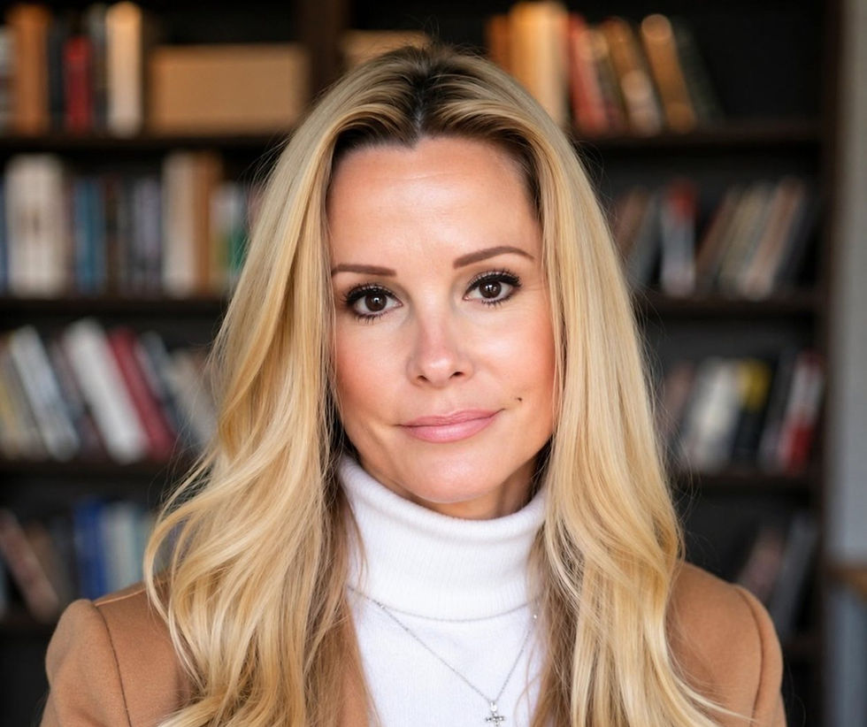 Blonde woman in a white turtleneck and tan coat poses calmly أمام blurred bookshelves in a cozy library.