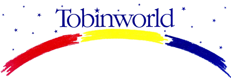 The image features the word Tobinworld in blue with star accents. Below, red, yellow, and blue brush strokes form an arch against a black background.