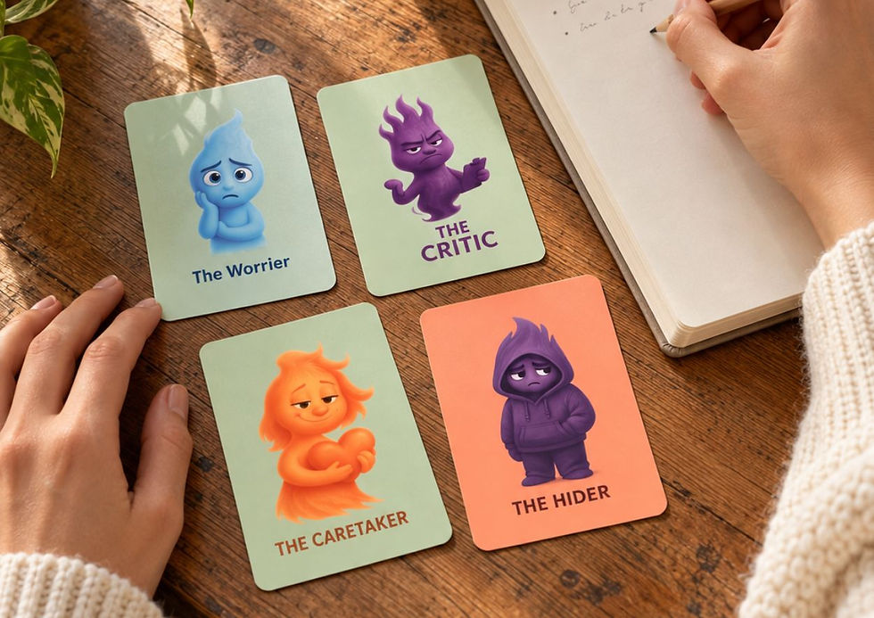 Hands write in a notebook beside four emotion cards on a wooden table: The Worrier, The Critic, The Caretaker, and The Hider.