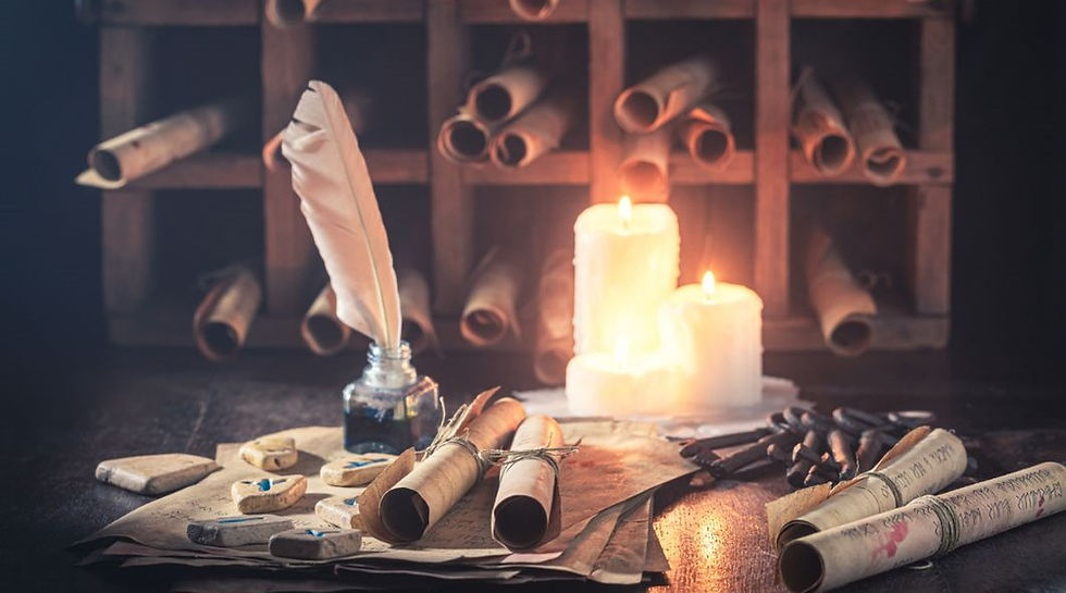 Scrolls and parchment with wax seals on a wooden desk, lit by candles. A quill in an inkwell adds a vintage mood against shelves.