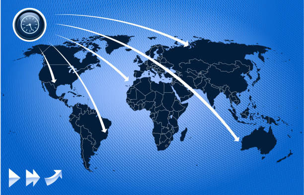 World map on blue background with white arrows pointing to different continents, indicating global connections. Compass in the top left.