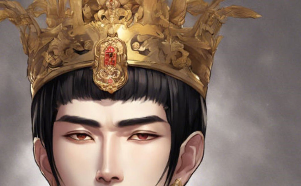 Regal figure wearing an ornate golden crown adorned with intricate details