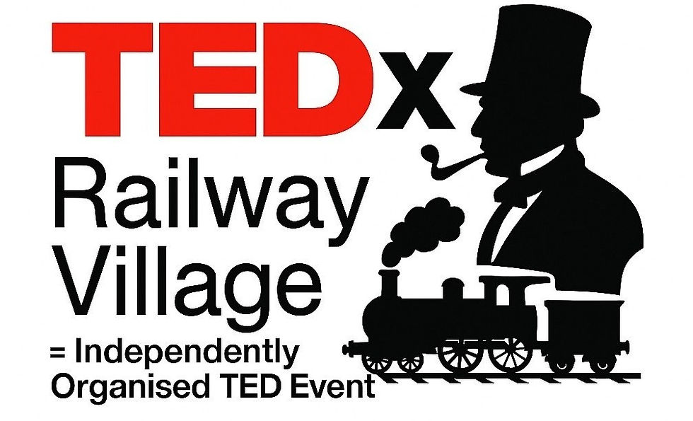 TEDx Railway Village logo with a silhouette of a man with a pipe and a steam train. Text: Independently Organised TED Event.