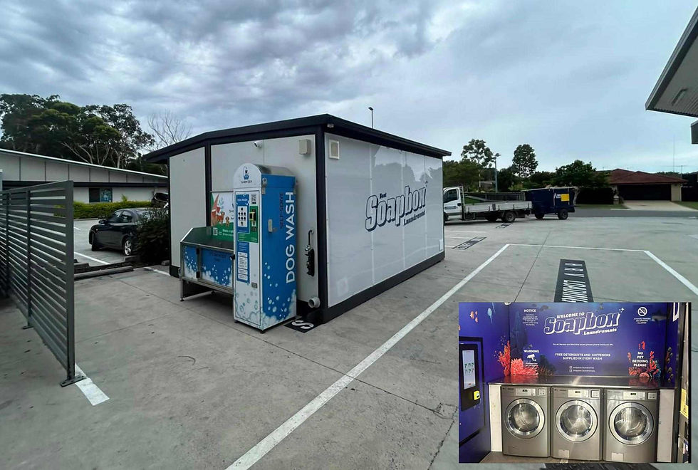 Outdoor dog wash station next to Soapbox laundromat. Cloudy sky, parked cars, trees in the background. Inset shows laundromat interior.