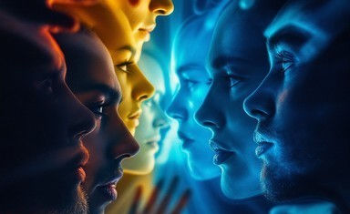 Colorful side profiles of several faces facing one another in blue, cyan, and gold light against a dark abstract background.