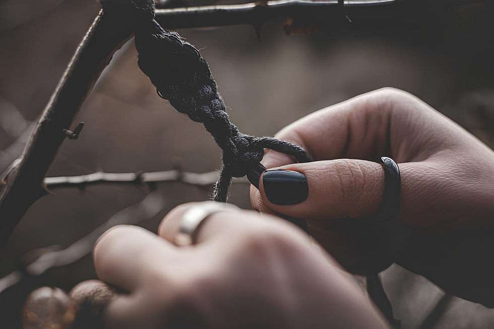 A close-up of hands gently untangling a braided cord from a thorny branch, symbolizing the careful process of inner healing and releasing deep-seated patterns.