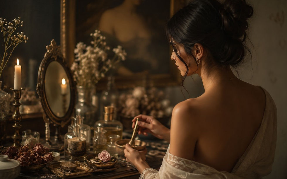 Woman in an off-shoulder dress sits at a candlelit vanity with flowers and bottles, quietly mixing something in a warm, moody room.