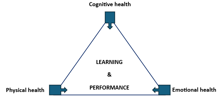 Triangle diagram linking Cognitive, Physical, and Emotional health. Arrows point inward to "LEARNING & PERFORMANCE" at the center.