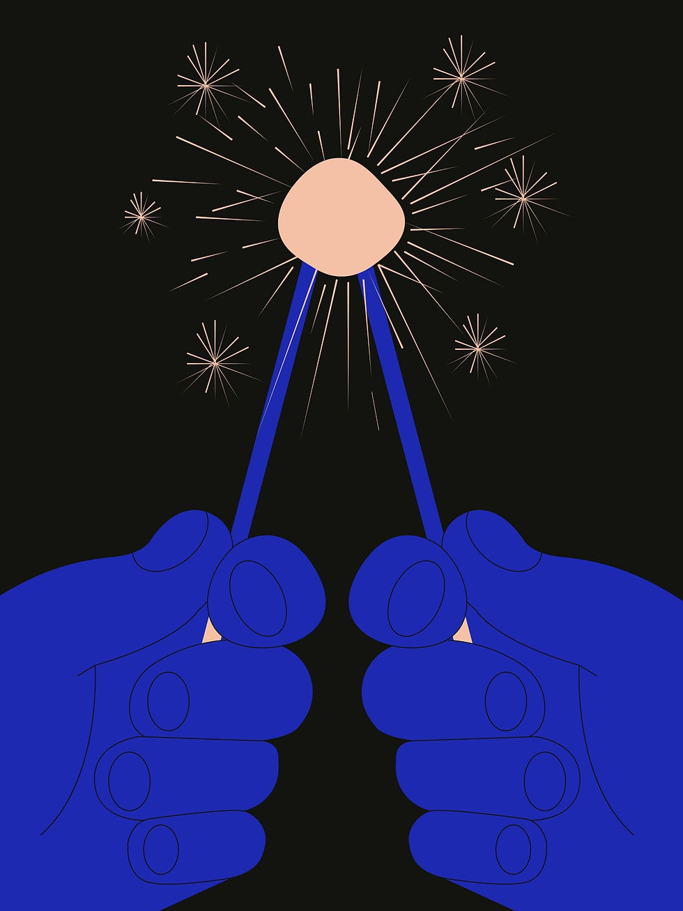 Two blue hands are striking a match together, creating a spark that radiates light against a dark background.