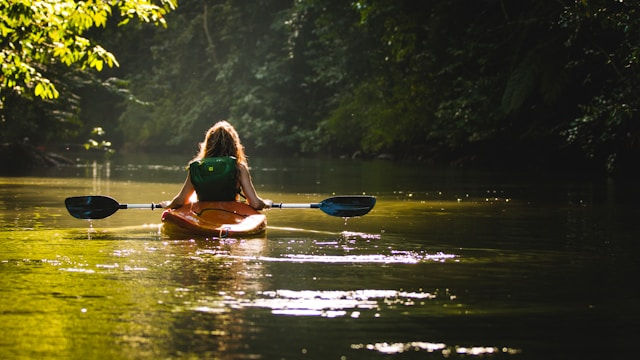 a person kayaking on a serene, tree-lined river, illuminated by soft sunlight filtering through the trees.