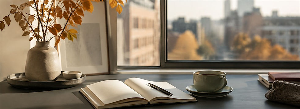 Cozy desk by a window with an open notebook, pen, coffee cup, and vase of autumn leaves overlooking a blurred cityscape.
