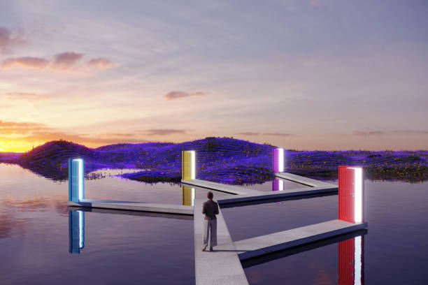 Person stands on a floating dock with neon light pillars over calm water at sunset, blue-purple hills in the distance.