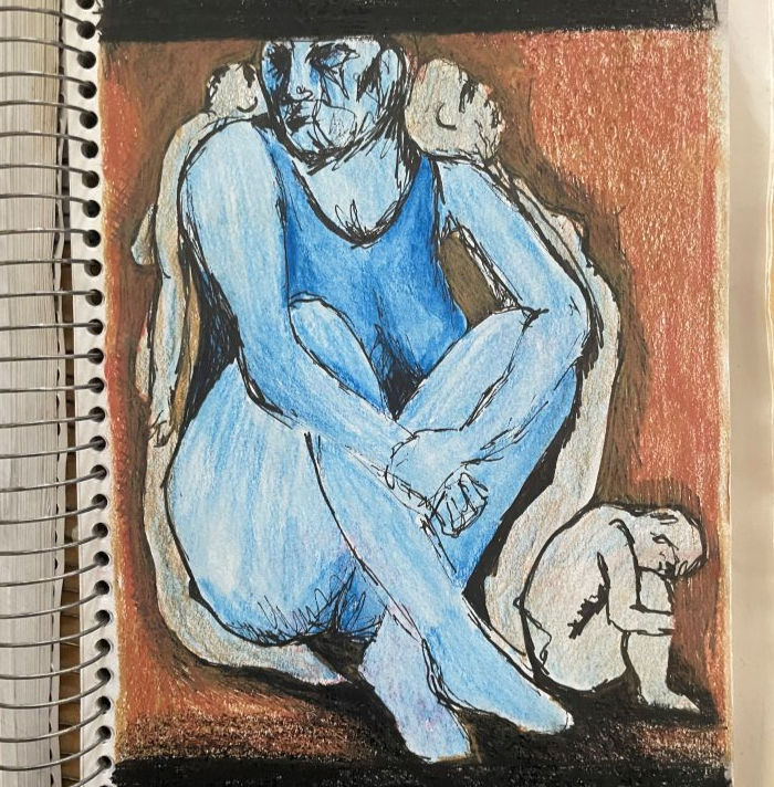 A blue-toned figure sits with arms wrapped around their knees, surrounded by faint, ghost-like silhouettes on a textured brown background, conveying a sense of introspection and emotional depth.