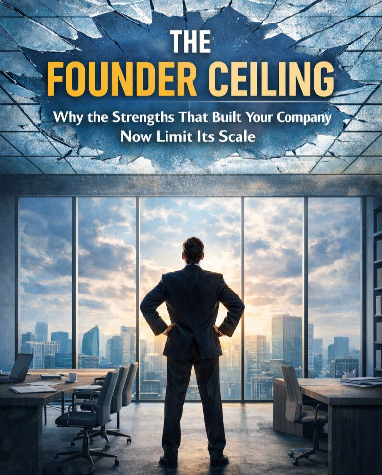 A person in a suit stands in an office overlooking a city. "The Founder Ceiling" text with a cracked ceiling design and a sunset sky.