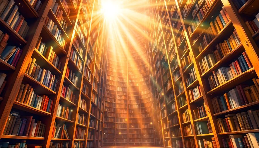 Sunlight streams into a vast, circular library filled with books on towering wooden shelves, creating a warm and inviting atmosphere.