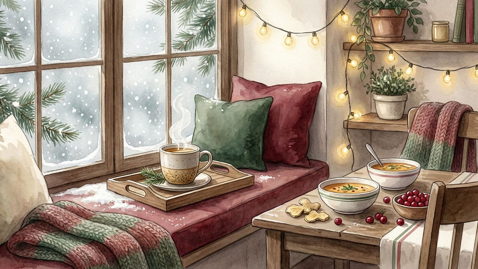 Cozy nook with pillows, steaming mug, and soup bowls on a table. Snowy window, fairy lights, and plants create a warm, inviting scene.