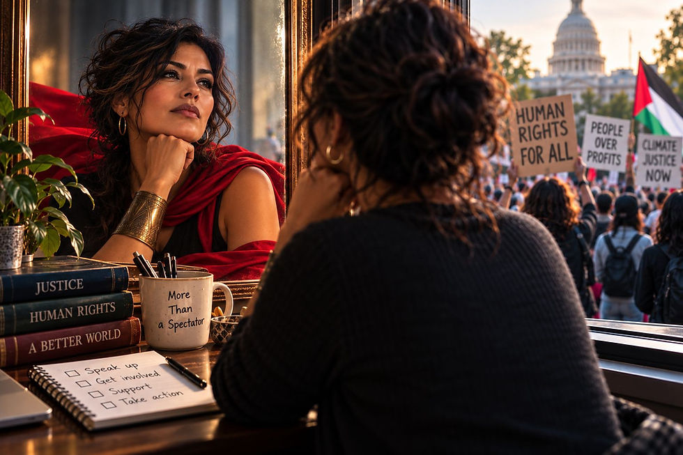 Thoughtful woman by window watches Capitol protest; signs read Human Rights for All, People Over Profits, Climate Justice Now.