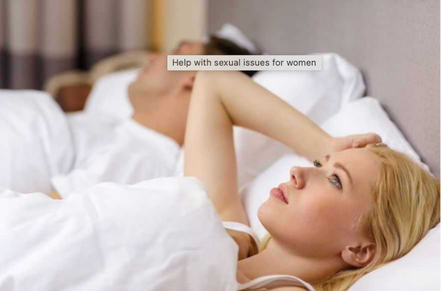 Woman lying in bed looking thoughtful, man asleep beside her. Text: "Help with sexual issues for women." Neutral tones, calm setting.