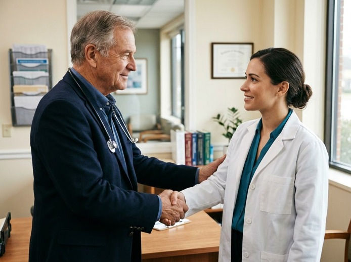 Doctor in navy suit shakes hands with smiling woman doctor in white coat in a bright clinic office, with certificate on wall