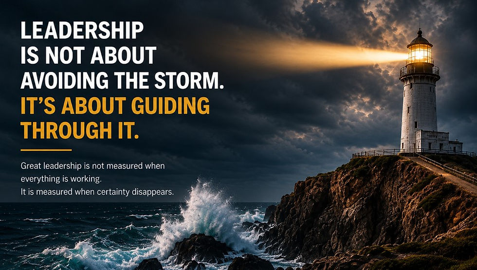 Lighthouse on stormy coast with waves crashing; bold text reads: Leadership is not about avoiding the storm, it’s about guiding through it.