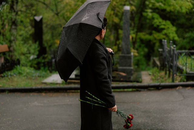 Person in black coat holds an umbrella and red flowers in a rainy cemetery, conveying a somber mood. Greenery and tombstones visible.