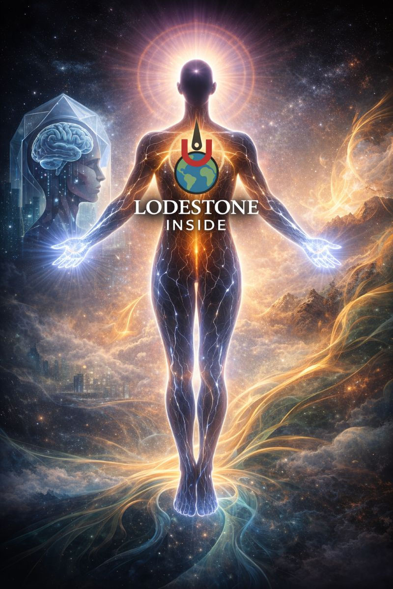 Silhouetted figure with glowing aura in cosmic setting, "LODESTONE INSIDE" text, brain within a transparent head, and swirling energy patterns.