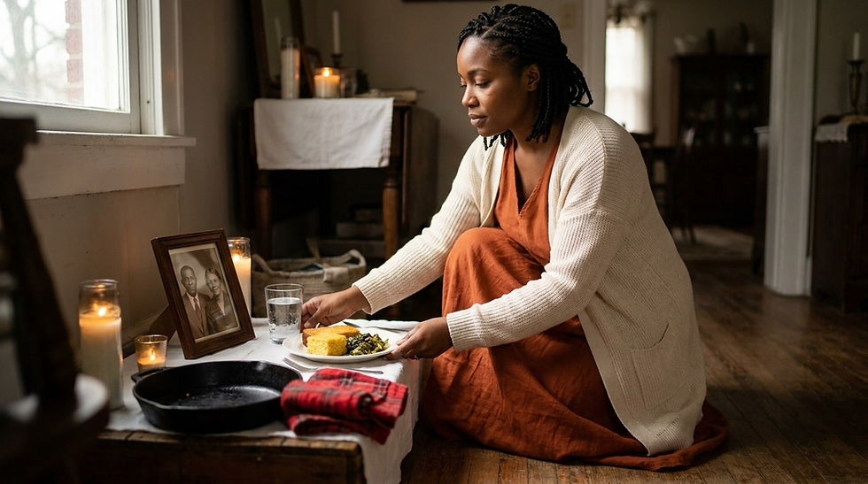 Woman kneels by a candlelit memorial table, placing a plate beside a framed portrait in a warm, quiet room.