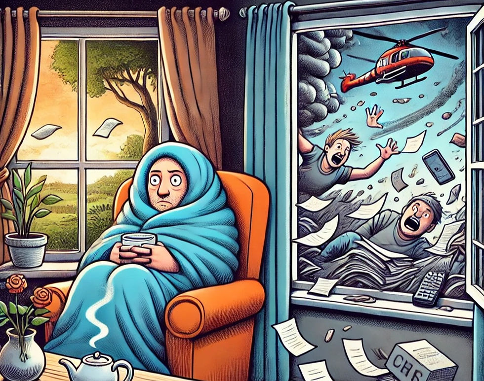 Person in chair, wrapped in blue blanket, holds mug. Outside, chaotic scene with papers, helicopter, and two people in distress.