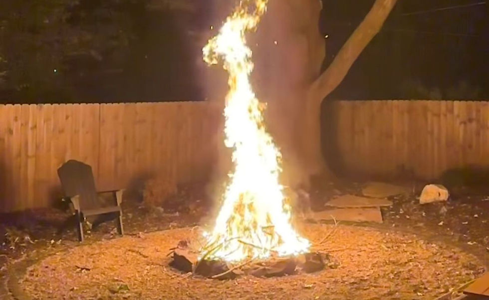The image shows a tall bonfire in a backyard at night, with flames forming a striking shape, possibly resembling a figure, surrounded by a wooden fence, a tree, and a chair nearby.