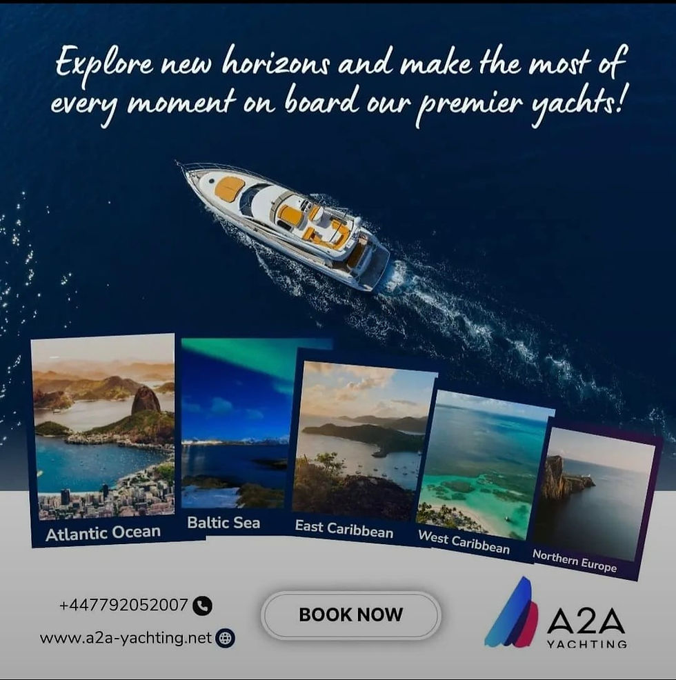 A yacht cruises on a dark blue sea. Text reads "Explore new horizons on board our premier yachts!" Images of various regions below.
