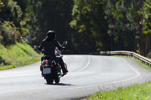 Motorcyclist in black gear rides along a winding tree-lined road on a sunny day.