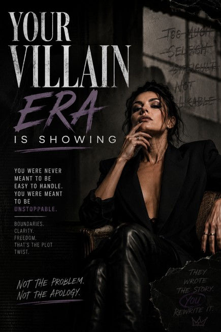 Dark poster of a woman in black posing in an armchair, with text: YOUR VILLAIN ERA IS SHOWING and motivational phrases.