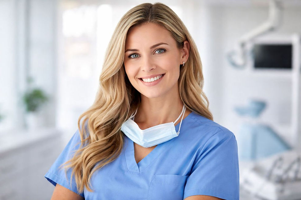 Smiling woman in blue scrubs with a mask, standing in a bright, blurred medical setting. Her expression is friendly and inviting.