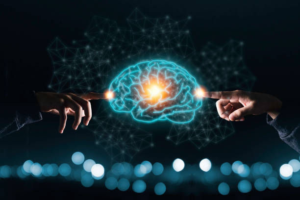Two hands touching the virtual brain. Creative new business idea concept.