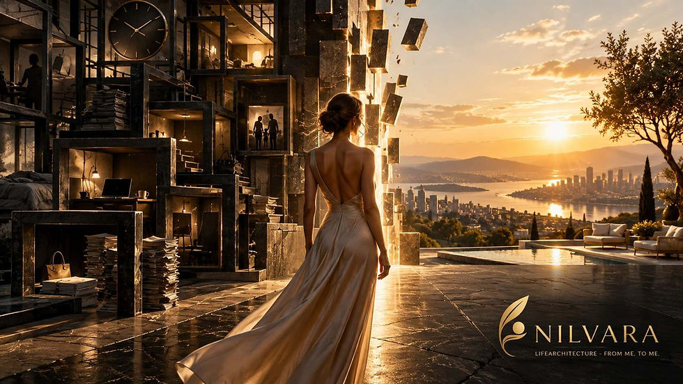 Woman in a flowing gown stands in a surreal luxury home at sunset, overlooking a city skyline; NILVARA text appears.