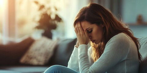A woman sitting alone on a couch