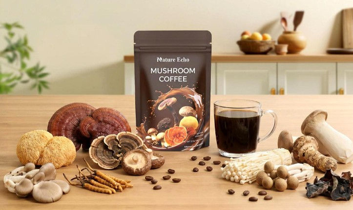 Nature Echo mushroom coffee pouch beside a dark coffee cup, mushrooms and beans on a wooden table in a bright kitchen.