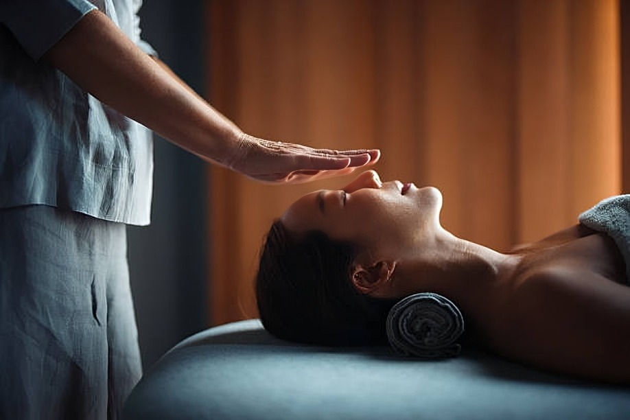 Person receiving a face massage in a dimly lit spa. Arm extends over the face, creating a calm, relaxing mood. Rolled towel under head.