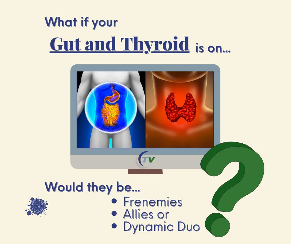 The image poses a health-related question: "What if your Gut and Thyroid is on..." and shows a computer screen with illustrations of the gut and thyroid, asking whether they would be frenemies, allies, or a dynamic duo.