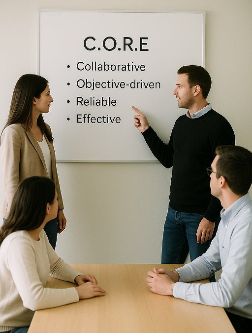 Four people in an office discuss points on a board labeled C.O.R.E: Collaborative, Objective-driven, Reliable, Effective. Focused mood.