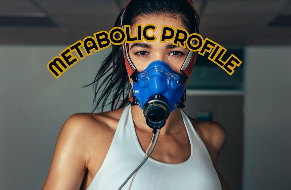 Woman wearing a blue oxygen mask in a gym setting; text "METABOLIC PROFILE" overlays. She looks focused, in workout attire.