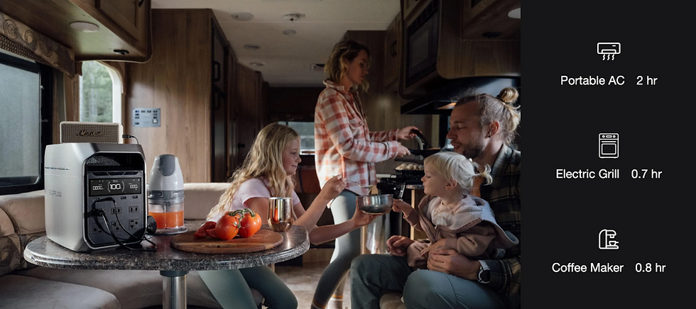 Family in an RV kitchen; woman cooking, child feeding toddler. Portable power station, tomatoes on table. Cozy, warm atmosphere.