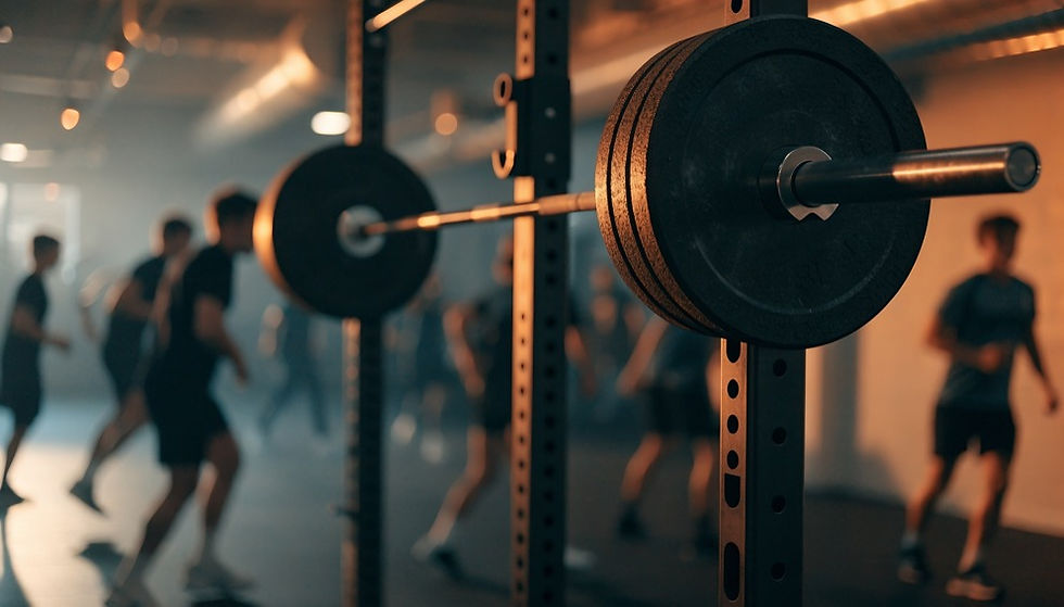 Barbell with weight plates in a warm-lit gym, with blurred people exercising in the background.