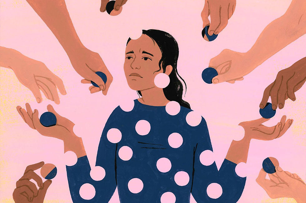 Illustration of a person in a blue polka dot shirt surrounded by many hands offering blue spheres. The mood appears contemplative.