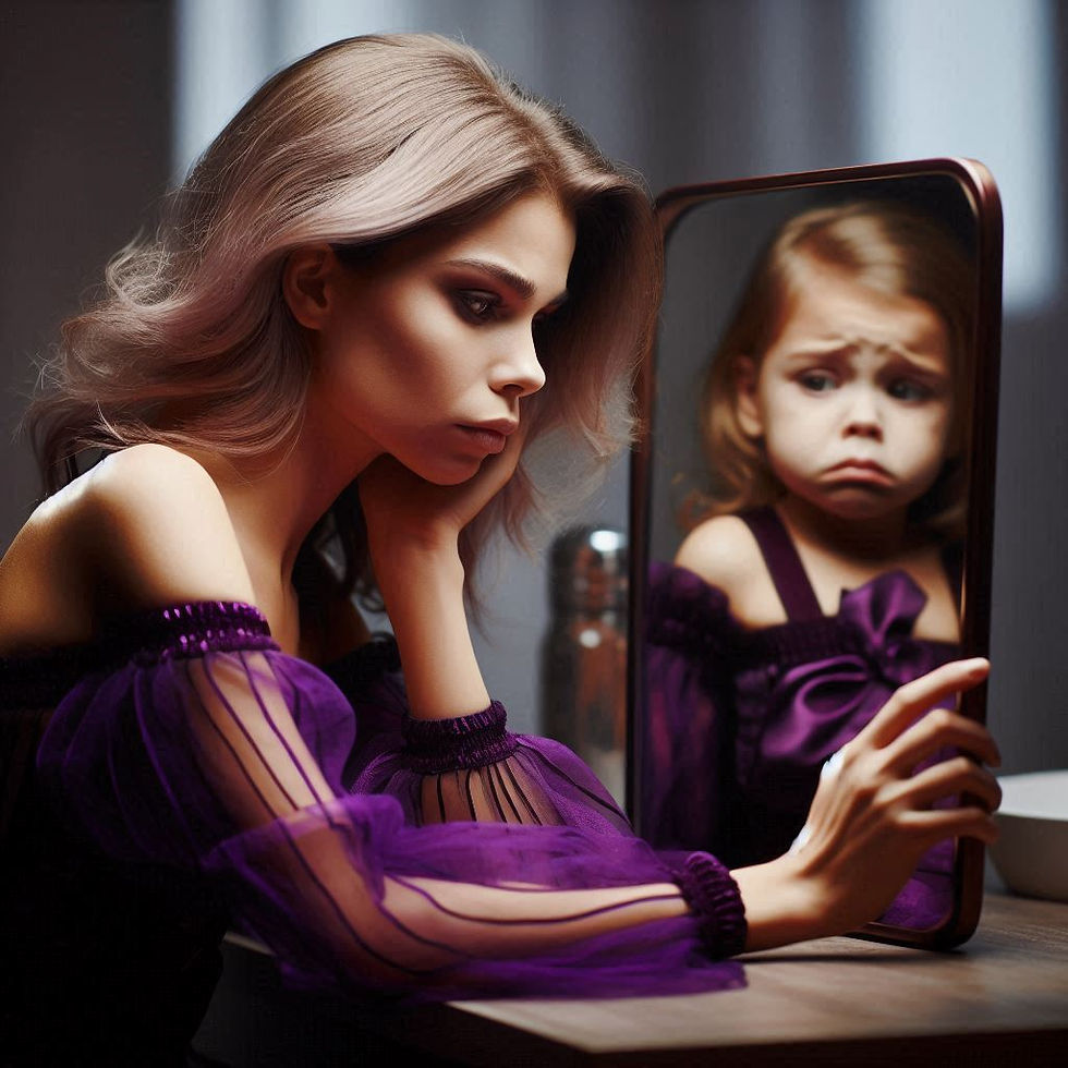 a woman in a reflective and somber mood, resting her head on her hand while looking into a mirror.