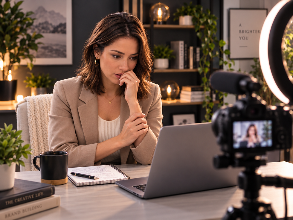 Thoughtful woman in a beige blazer at a desk with laptop and notes, filmed by camera and ring light in a cozy home studio.