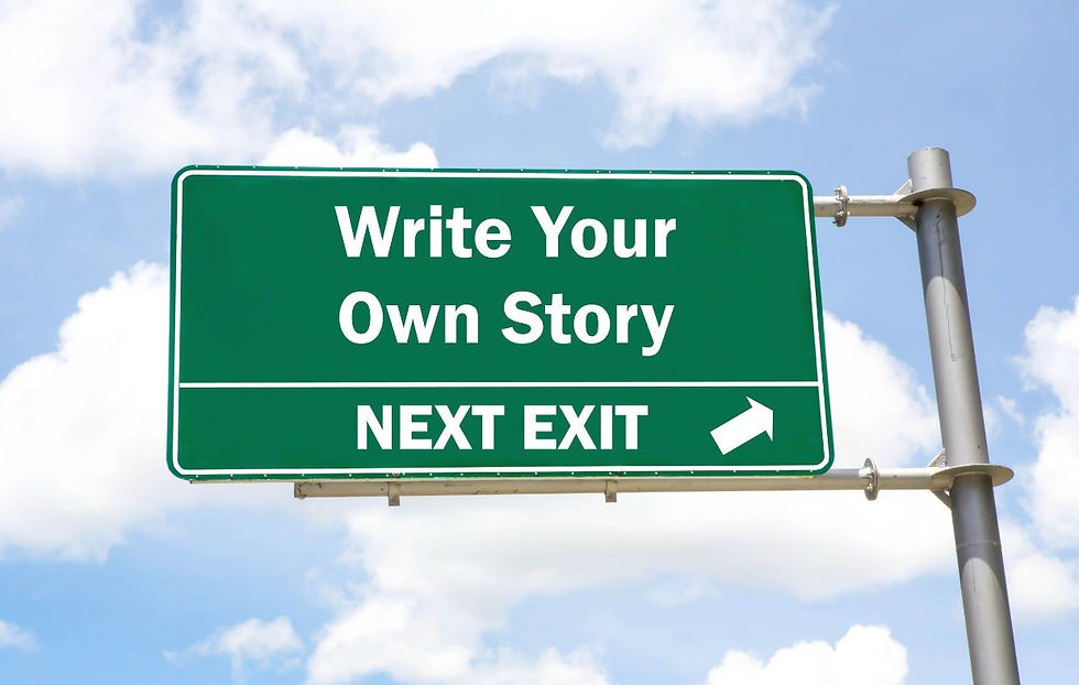 Green road sign reading "Write Your Own Story" with "Next Exit" and an arrow, set against a bright blue sky with clouds.