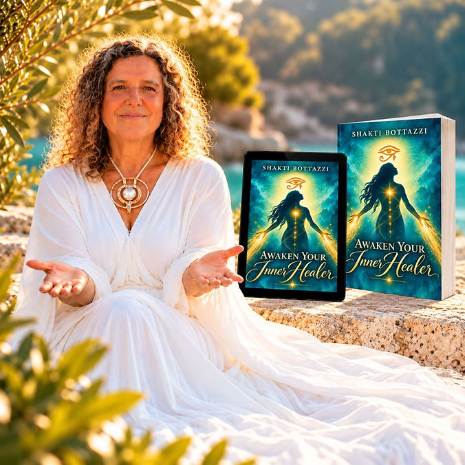 Curly-haired woman in white sits outdoors with hands out beside a tablet and book cover reading Awaken Your Inner Healer by Shakti Bottazzi.