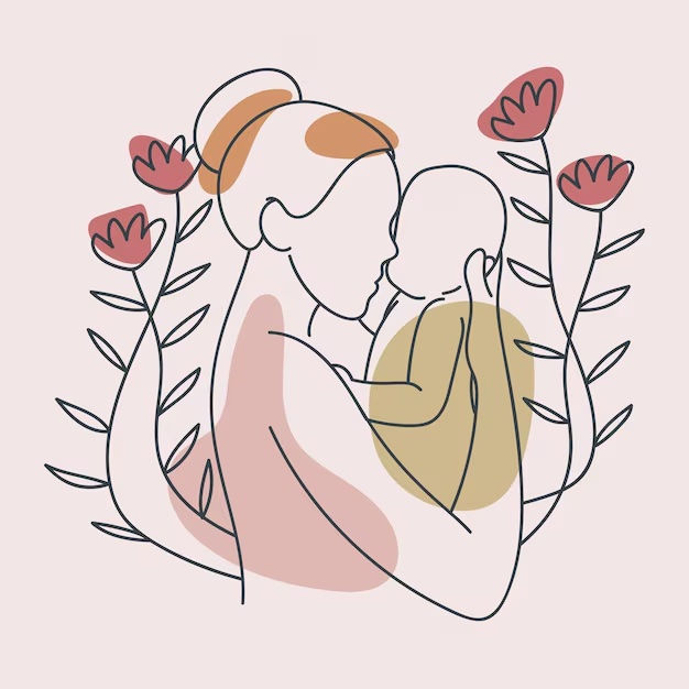  a mother holding her baby, with floral elements surrounding them