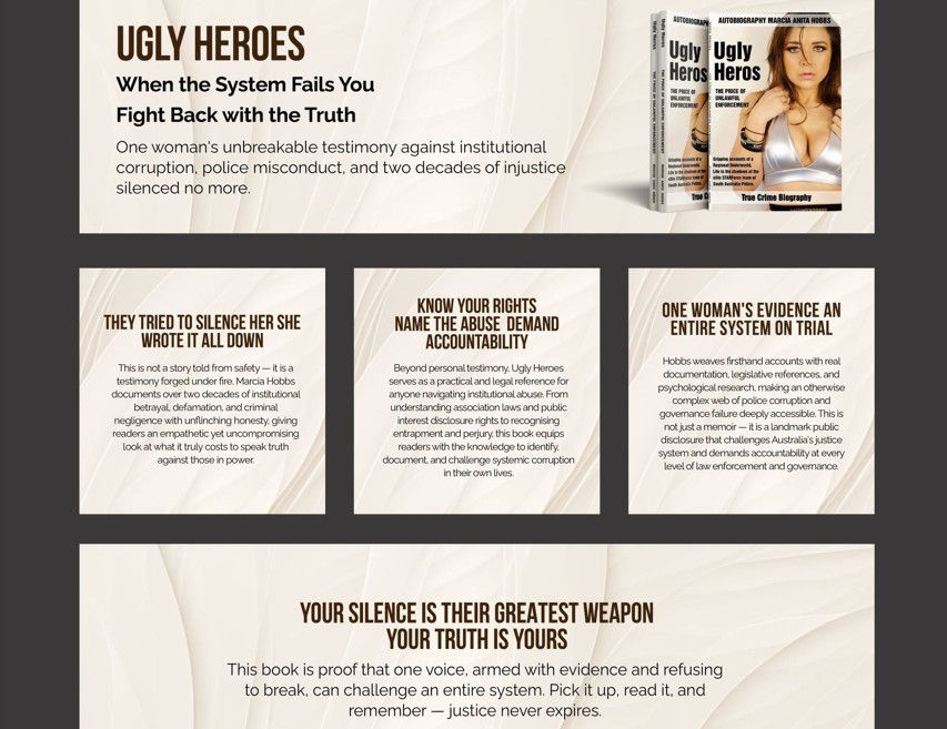 Book promo for Ugly Heroes, showing Marcia Hobbs biography book cover and panels about truth, justice, and silencing abuse.